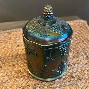 Indiana Glass Lidded Jar in Carnival Blue - a beautiful iridescent finish.
